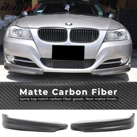 Matte carbon fiber front lip splitter for 2005-2008 BMW E90 3 Series 4-door, Euro style spoiler by K2 Industries.