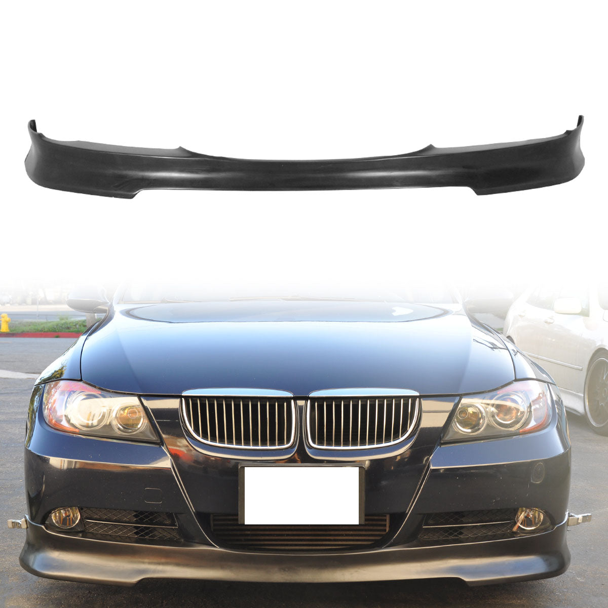 K2 Industries front bumper lip spoiler for BMW E90 3-Series 4-door sedan, C Style design, black polyurethane finish.