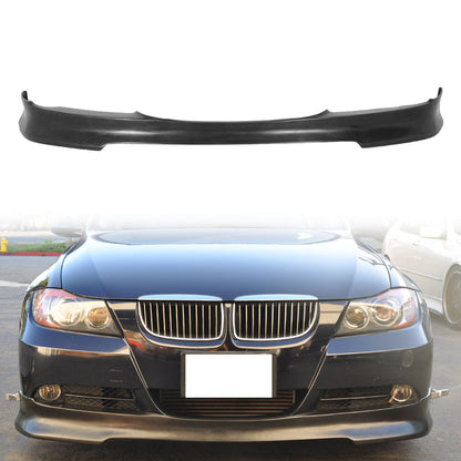 K2 Industries front bumper lip spoiler for BMW E90 3-Series 4-door sedan, C Style design, black polyurethane finish.