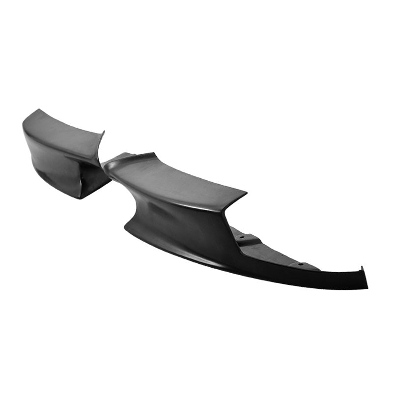 K2 Industries front bumper lip spoiler for 2008-2013 BMW E90 E92 E93 M3 coupe and sedan in black polyurethane, with close-up view.