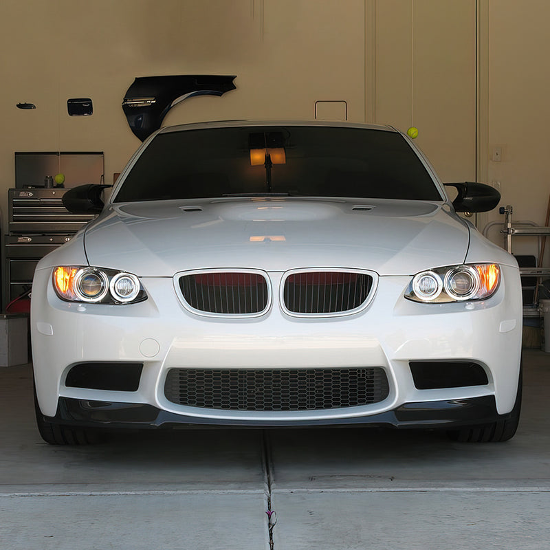 K2 Industries V Style front bumper lip spoiler for 2008-2013 BMW E92 E90 E93 M3 Series 4-door and 2-door models, shown on vehicle.