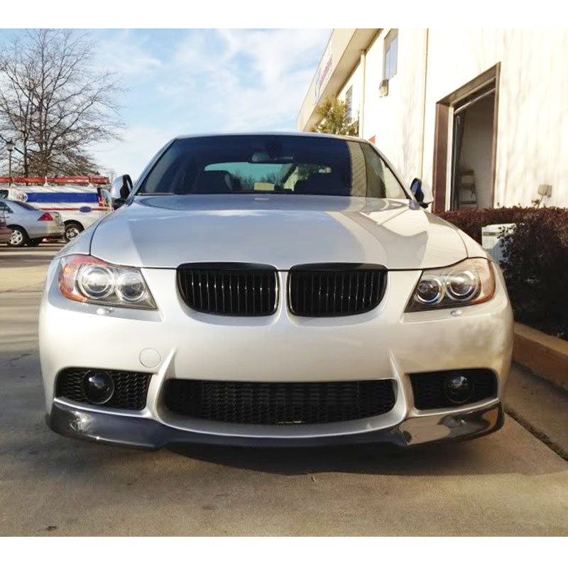 K2 Industries front bumper lip spoiler for BMW E92 E90 E93 M3 Series 4-door and 2-door models, V Style, in black.