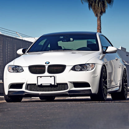 K2 Industries V-style front bumper lip spoiler for 2008-2013 BMW E92 E90 E93 M3 series four-door and two-door models, black polyurethane.
