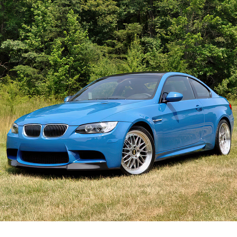 K2 Industries V-style front bumper lip spoiler for BMW E92 E90 E93 M3 Series 4-door and 2-door models, black polyurethane finish