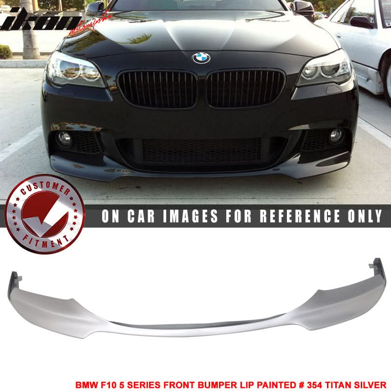 K2 Industries Mtech V Style front bumper lip spoiler for BMW F10 5 Series 2012-2016, shown on vehicle with border design.
