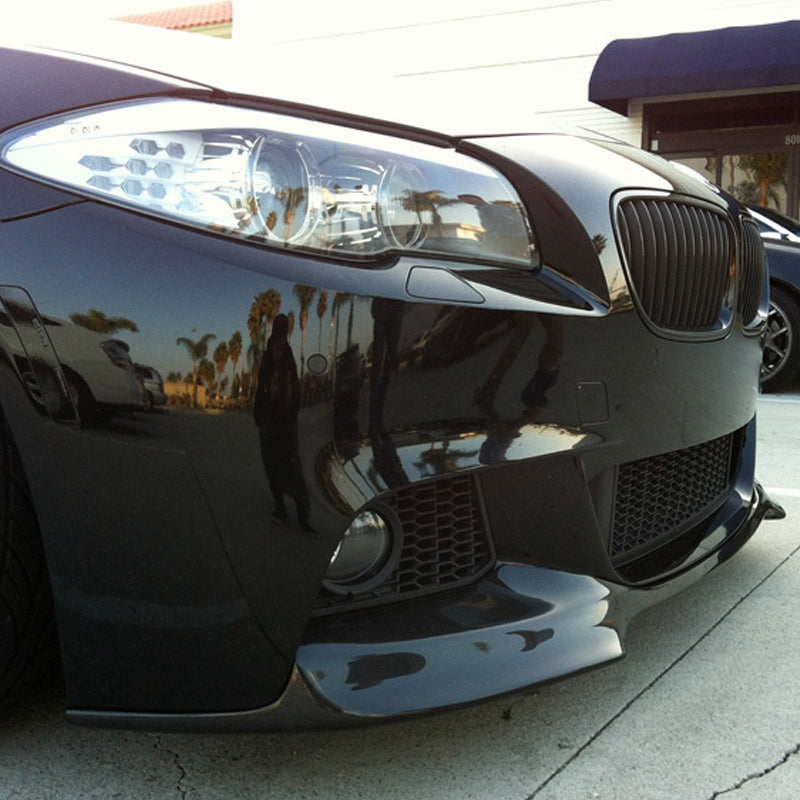 K2 Industries BMW F10 5 Series M Sport V Style front bumper lip spoiler, black with aerodynamic design, for 2012-2016 models.