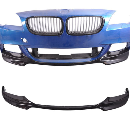 K2 Industries BMW F10 5 Series M Sport V Style front bumper lip spoiler for 2012-2016 models, carbon fiber finish.