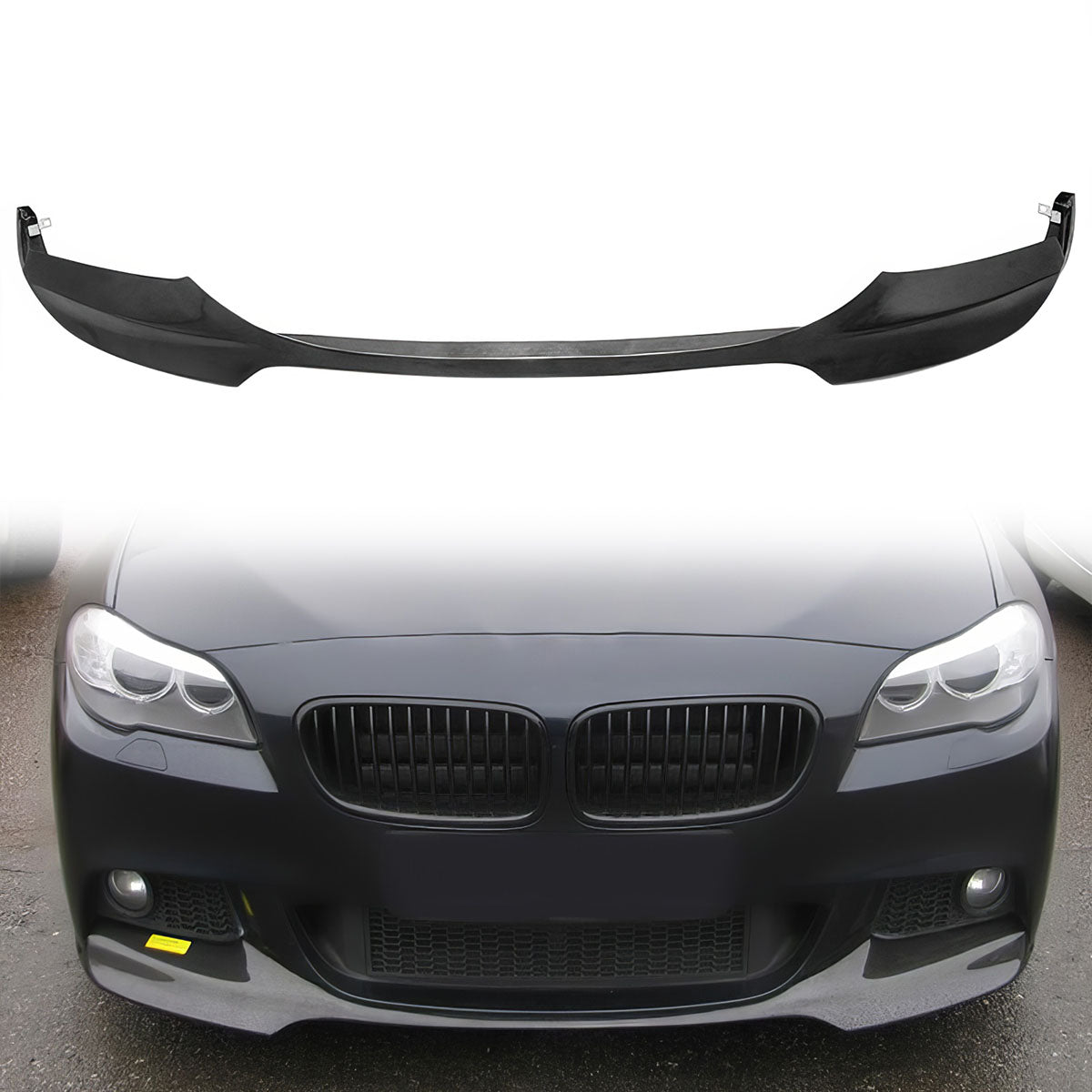 K2 Industries BMW F10 5 Series M Sport Mtech V Style front bumper lip spoiler, black polyurethane, vehicle enhancement accessory