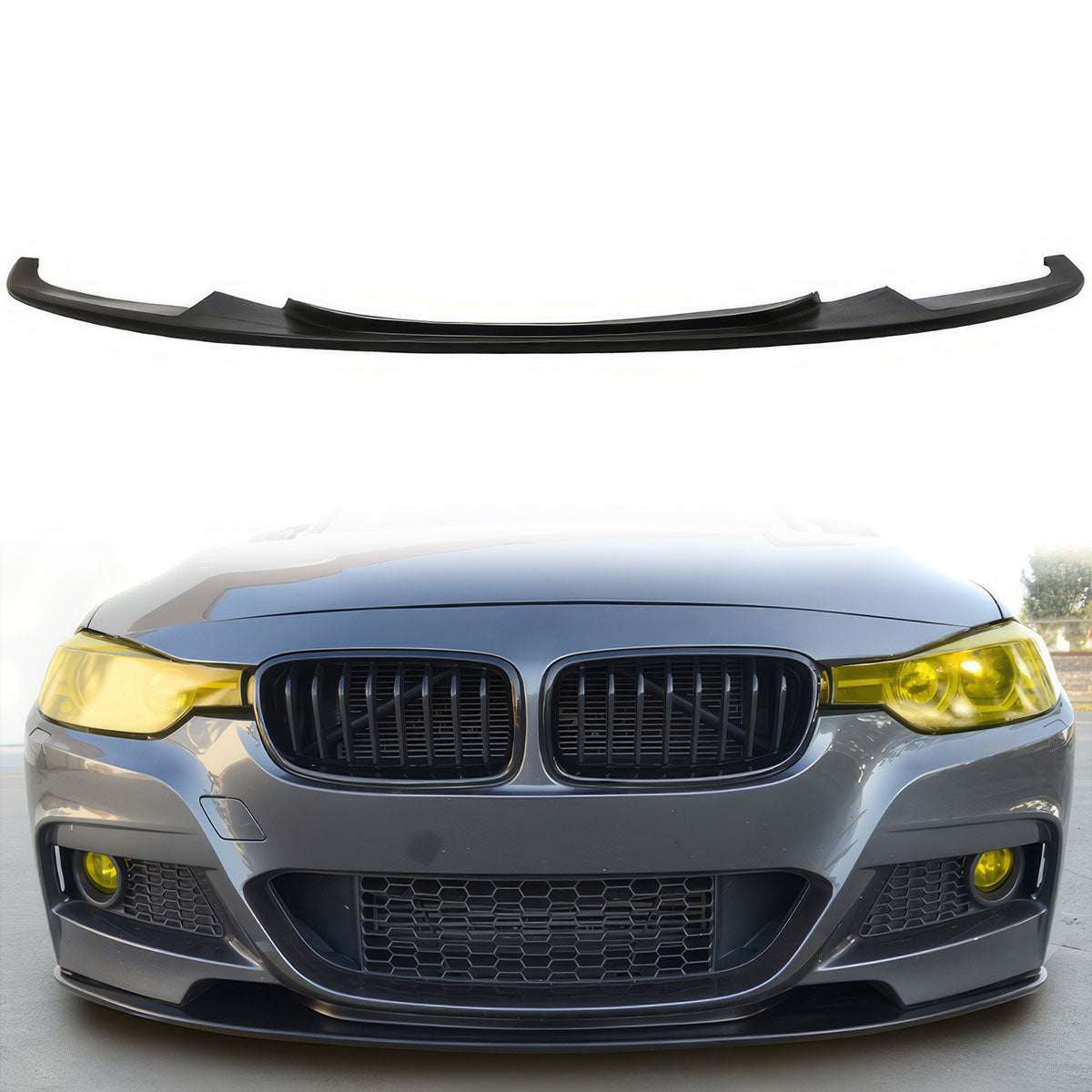Unpainted black front bumper lip spoiler for BMW F30 3 Series (2012-2018) by K2 Industries, made of durable PU material.