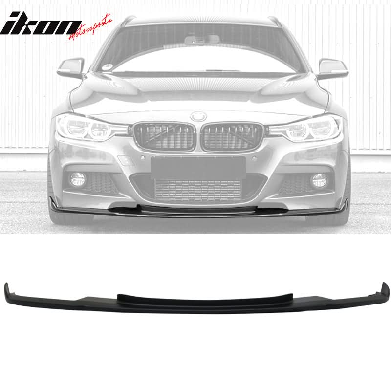 K2 Industries BMW F30 3 Series M Sport front bumper lip chin spoiler, black with textured finish, mounted on car.