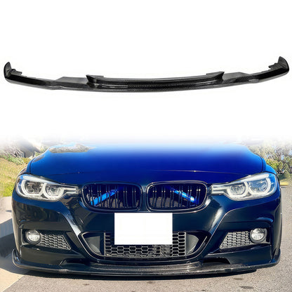 K2 Industries BMW F30 3 Series M Sport front bumper lip spoiler, black carbon fiber finish, enhances sporty appearance and aerodynamics.