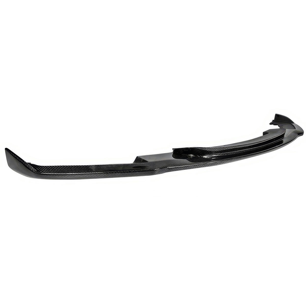 K2 Industries BMW F30 3 Series M Sport front bumper lip spoiler in carbon fiber, installed on the car's front bumper.