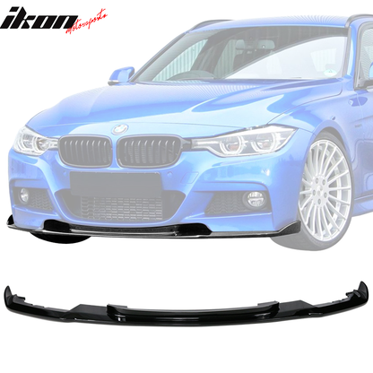 K2 Industries BMW F30 3 Series M Sport front bumper lip spoiler in black, designed for 2012-2018 models, with a sleek, aerodynamic look.
