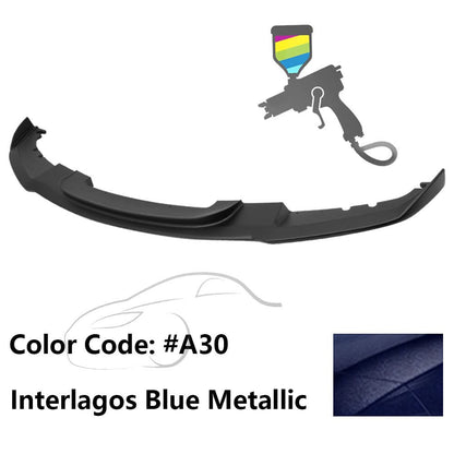 K2 Industries BMW F30 3 Series M Sport front bumper lip chin spoiler, black, mounted on the vehicle's front bumper.