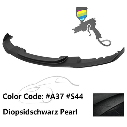 K2 Industries BMW F30 3 Series M Sport front bumper lip chin spoiler, black, installed on vehicle for sporty styling.