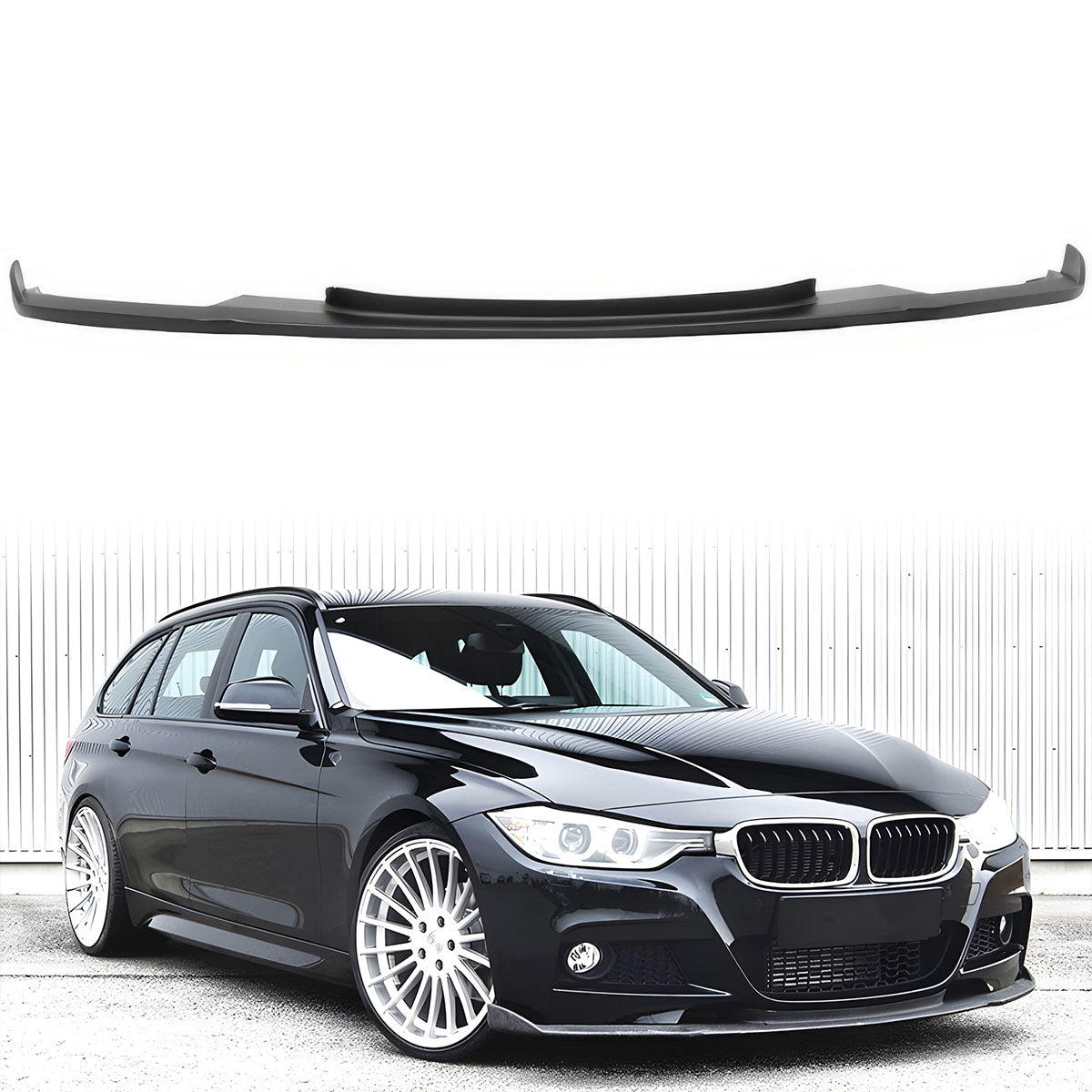 K2 Industries BMW F30 2012-2018 M Sport front bumper lip chin spoiler shown on a black car, enhancing sporty appearance.