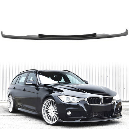 K2 Industries BMW F30 2012-2018 M Sport front bumper lip chin spoiler shown on a black car, enhancing sporty appearance.