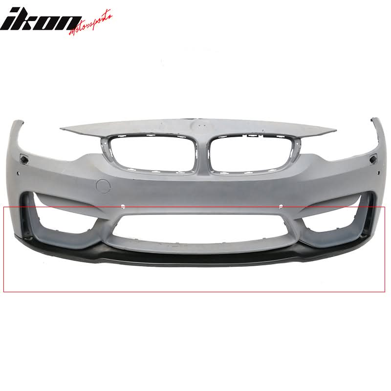 K2 Industries BMW F80 M3 F82 M4 MDP style PU front bumper lip spoiler on a car, with a black finish and subtle side borders.