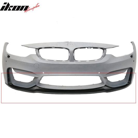 K2 Industries BMW F80 M3 F82 M4 MDP style PU front bumper lip spoiler on a car, with a black finish and subtle side borders.