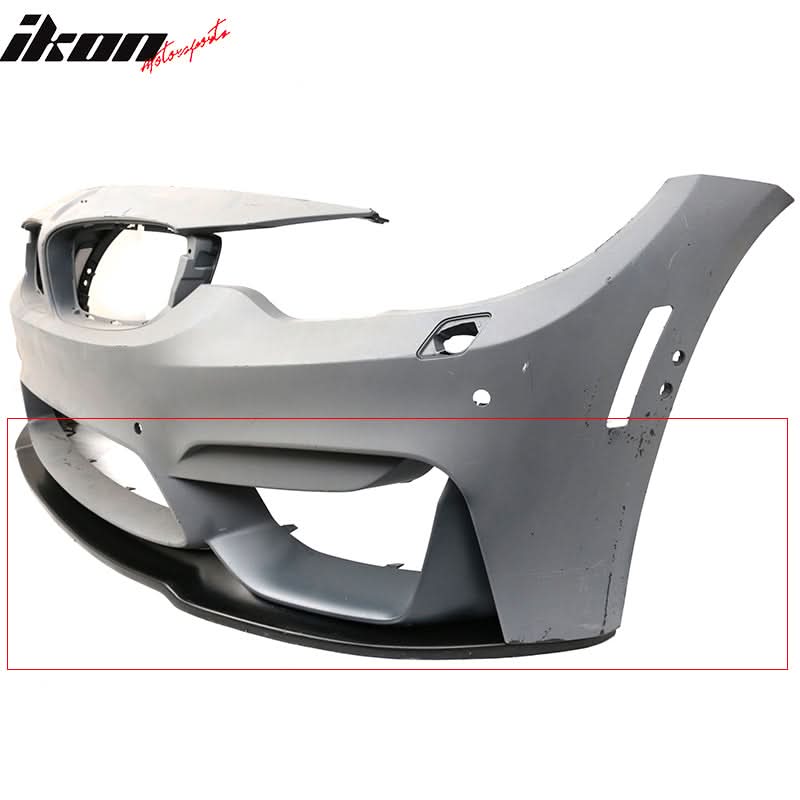 K2 Industries BMW F80 M3 F82 M4 MDP style PU front bumper lip spoiler on car, black with textured finish, enhances sporty appearance.