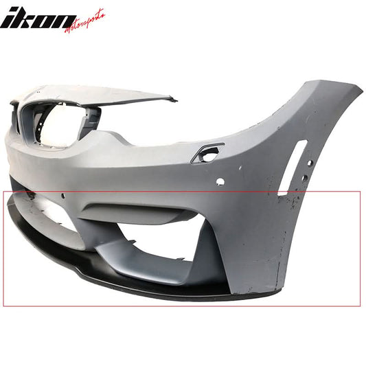 K2 Industries BMW F80 M3 F82 M4 MDP style PU front bumper lip spoiler on car, black with textured finish, enhances sporty appearance.