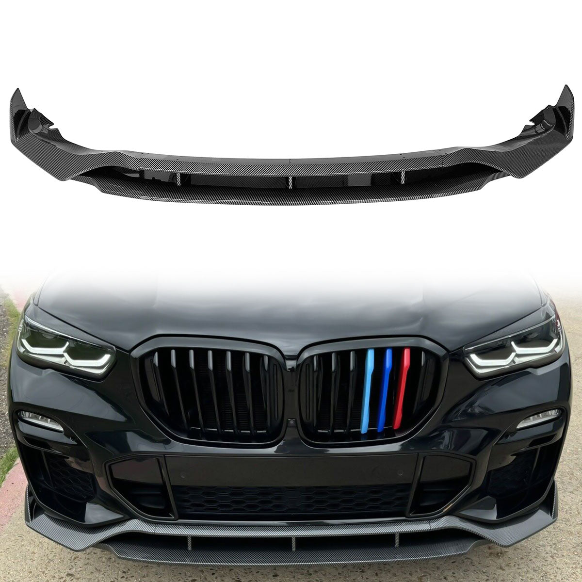 K2 Industries gloss black front bumper lip spoiler for 2019-2021 BMW G05 X5 M Sport, four-piece set, sleek automotive accessory