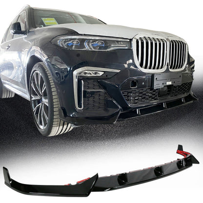 BMW G07 X7 M Sport front bumper lip spoiler in gloss black, designed by K2 Industries, with aerodynamic styling and mounting details