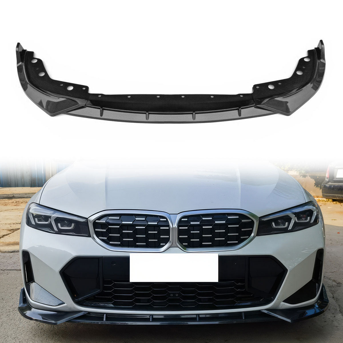 BMW G20 3-Series M340i front lip spoiler in black PP by K2 Industries, showcasing its sleek aerodynamic design.