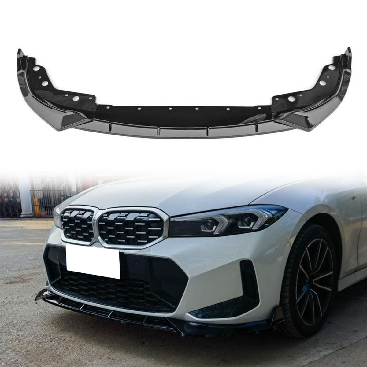 BMW G20 3-Series M340i front lip in black, made of polypropylene, designed for 2023-2025 models by K2 Industries.