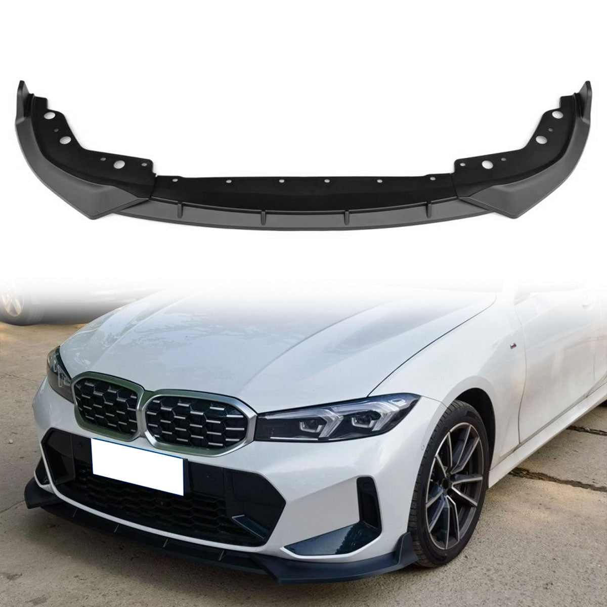 BMW G20 3-Series M340i front lip spoiler in black polypropylene by K2 Industries, shown on car with close-up view.