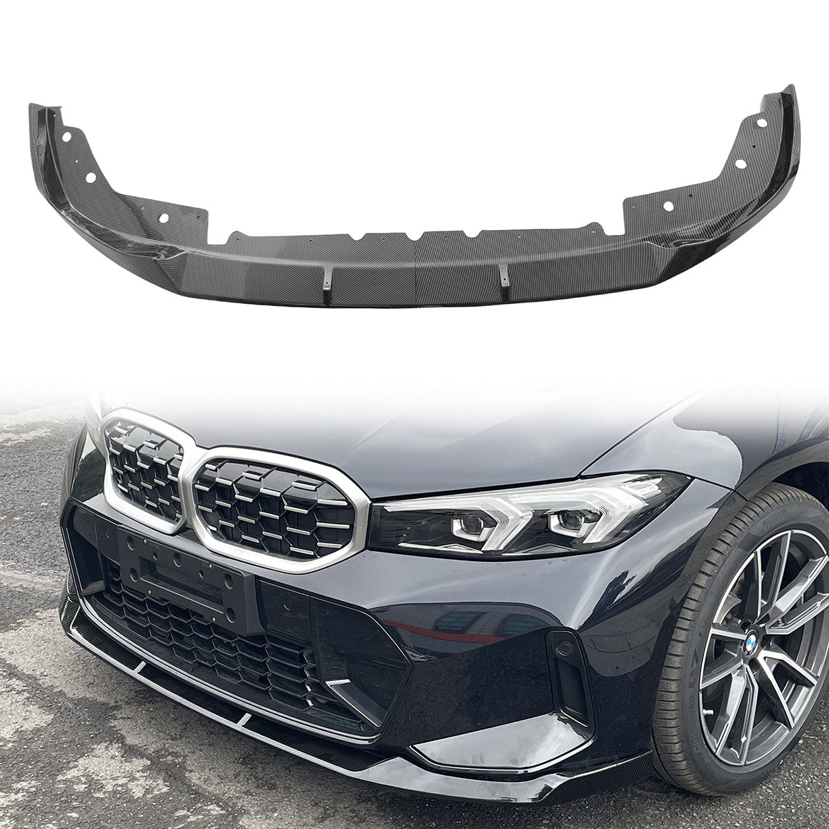 Black 2023-2025 BMW G20 M Sport M340i front lip spoiler by K2 Industries, 2-piece M Performance design for sporty look.