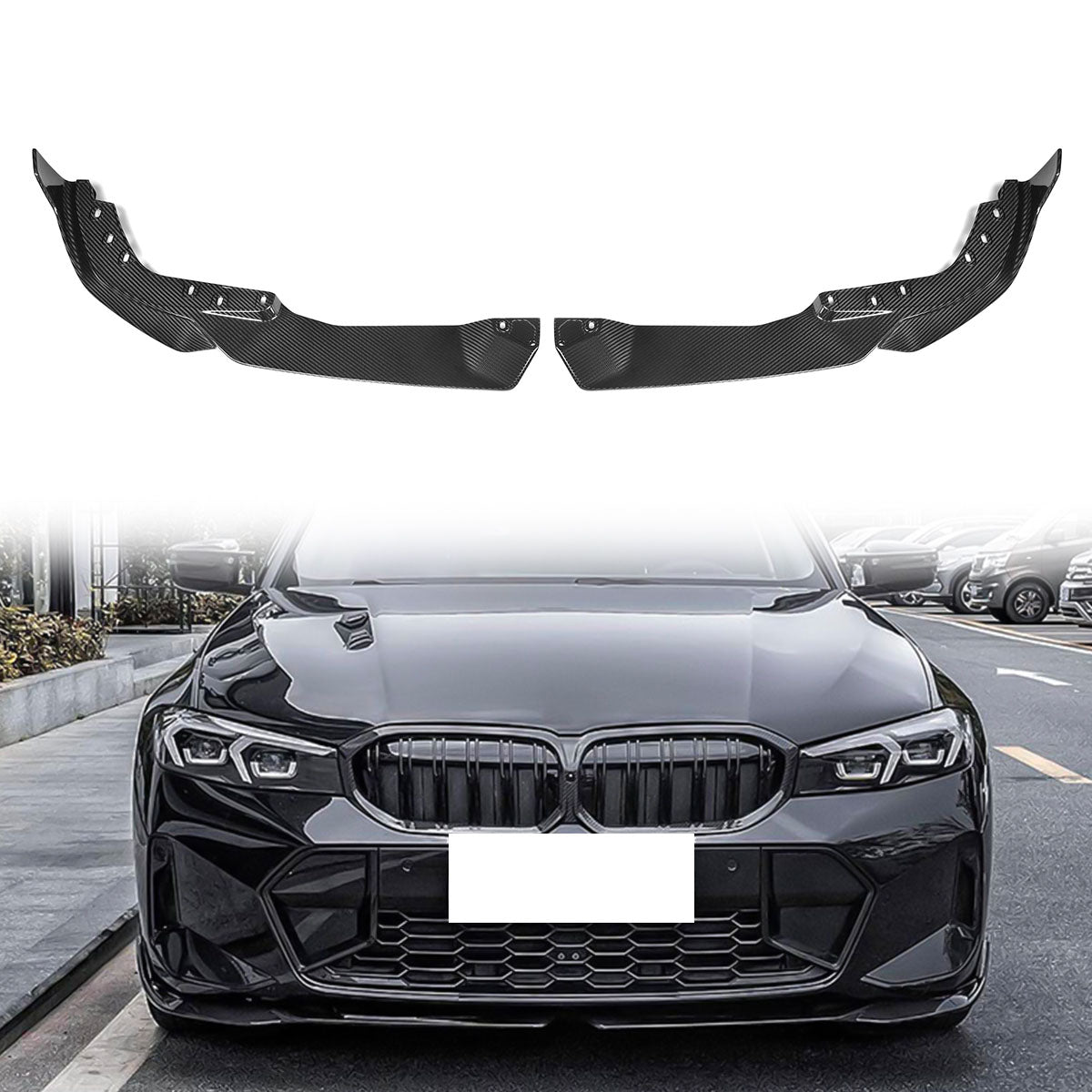 Black BMW G20 M340i front lip spoiler by K2 Industries, designed for M Sport M Performance models, 2023-2025.