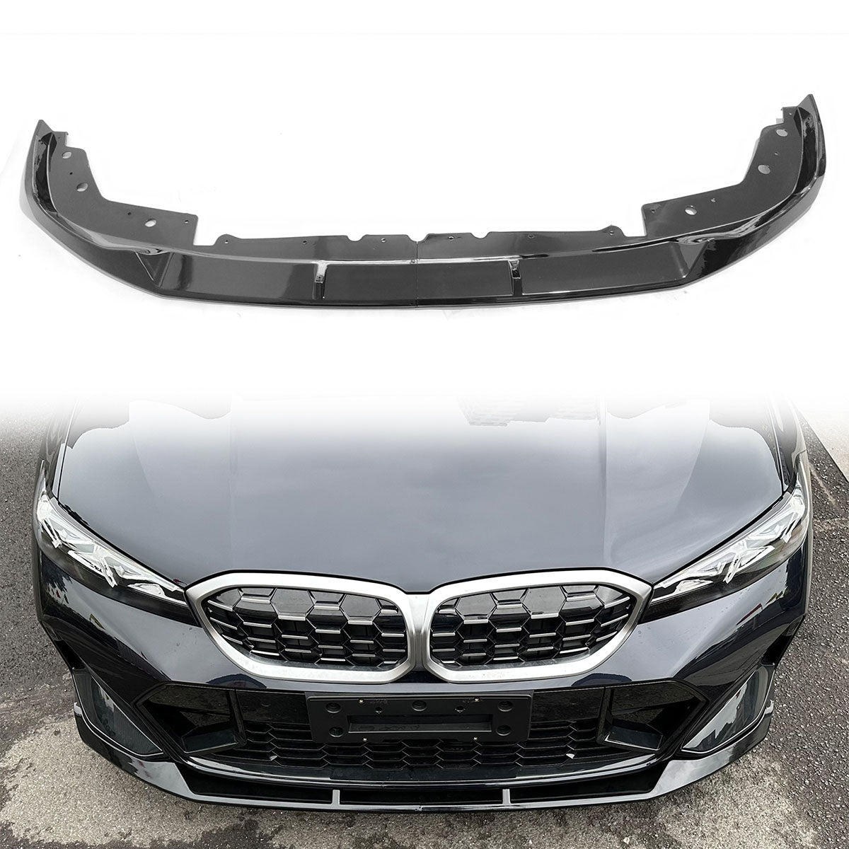 Black BMW G20 M Sport M340i front lip spoiler, 2023-2025, 2-piece M Performance design by K2 Industries, shown from front angle