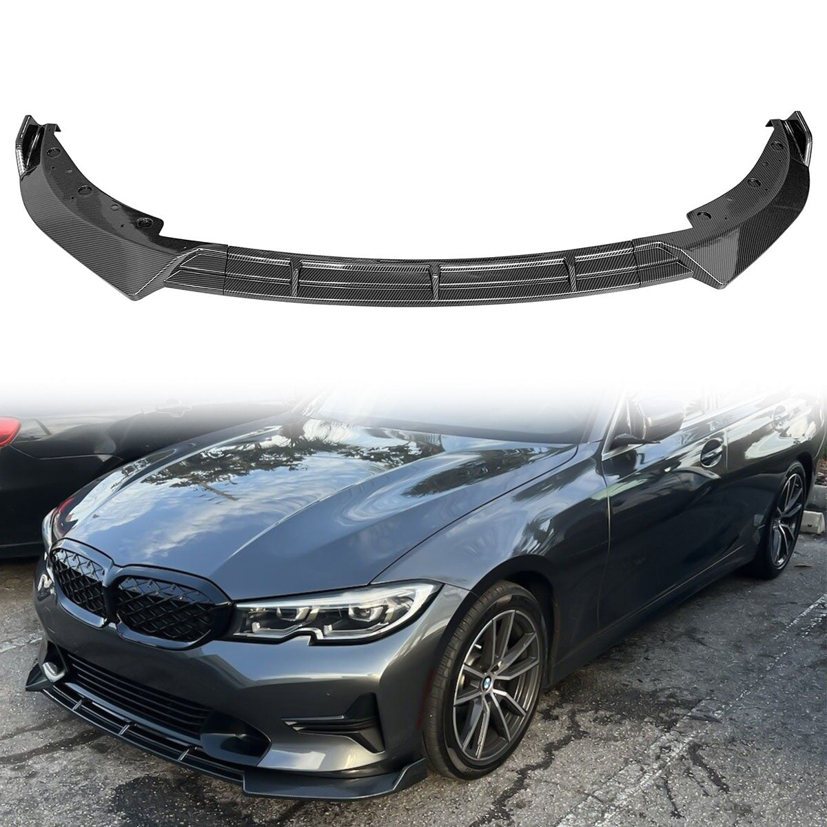BMW G20 Sport Line 3-piece IKON style front bumper lip spoiler by K2 Industries on a black vehicle.