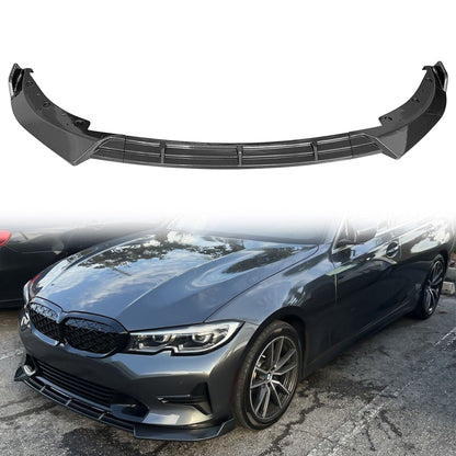 BMW G20 Sport Line 3-piece IKON style front bumper lip spoiler by K2 Industries on a black vehicle.