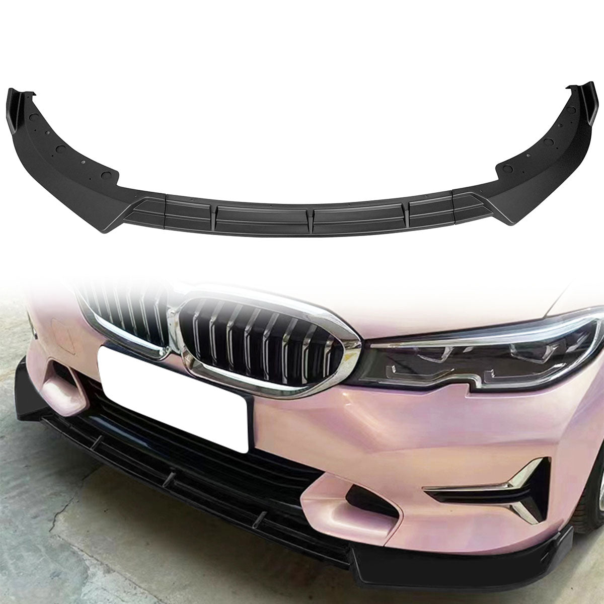 BMW G20 Sport Line 2019-2022 front bumper lip spoiler in black, K2 Industries IKON style, made of durable PP material.