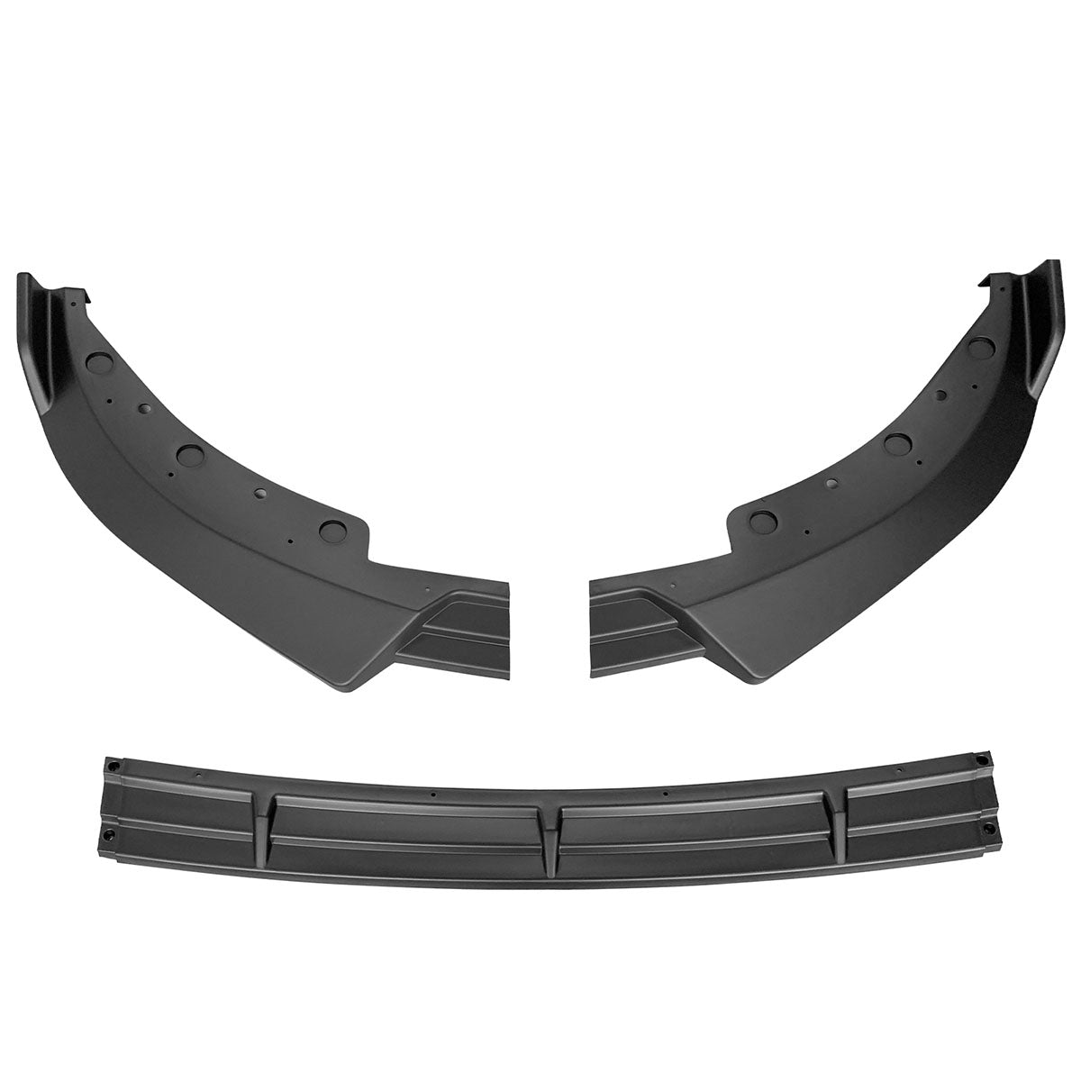 Black BMW G20 Sport Line 3-piece IKON style front bumper lip spoiler by K2 Industries on a car.
