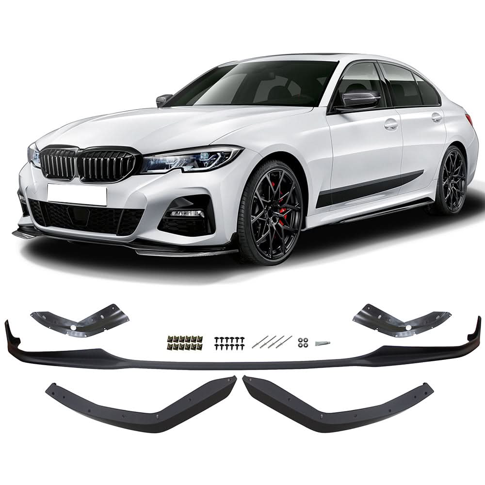 BMW G20 M Sport M Performance Style front bumper lip spoilers by K2 Industries, 5-piece set, black gloss finish.