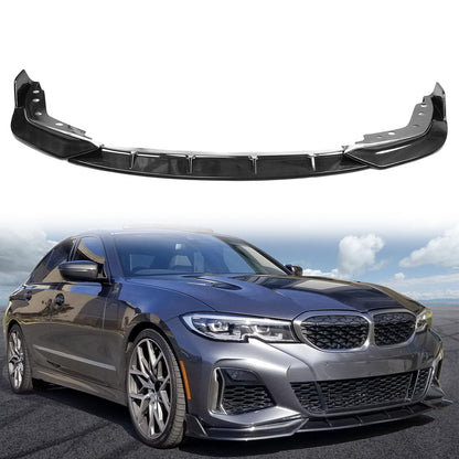 K2 Industries front bumper lip spoiler for BMW G20 330i M Sport and M340i, made of PP, shown on a black BMW G20.