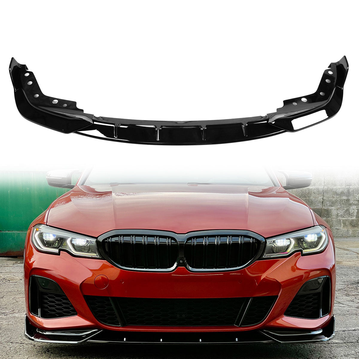 Black K2 Industries front bumper lip spoiler for BMW G20 330i M Sport and M340i, made of durable PP material.