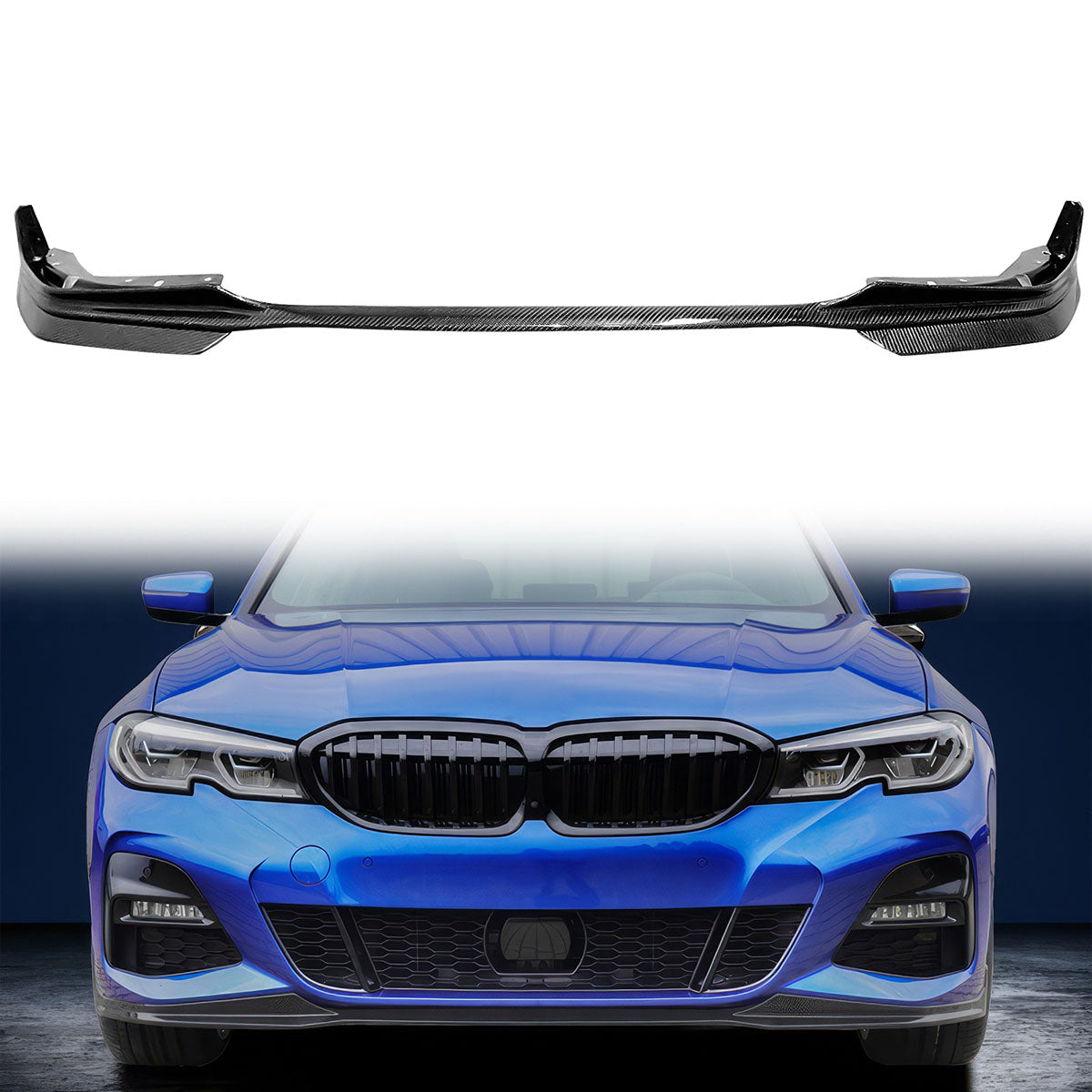 K2 Industries BMW G20 3 Series M-Tech M Sport front bumper lip spoiler set in carbon fiber, 5-piece kit, for 2019-2022 models