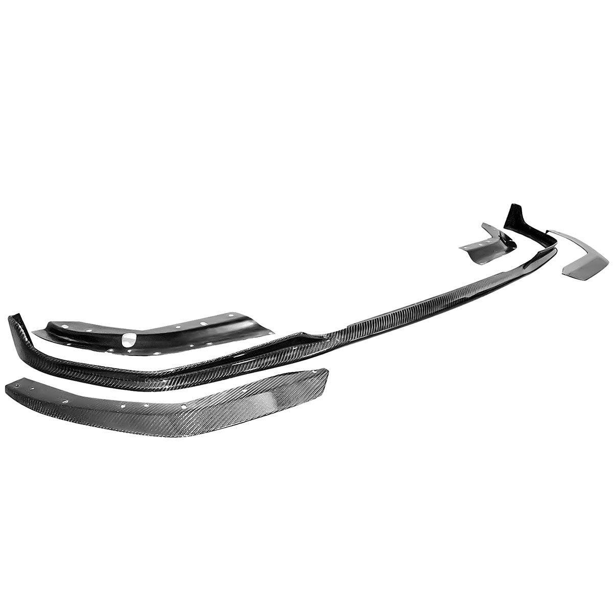 K2 Industries BMW G20 3 Series M-Tech M Sport front bumper lip spoilers, set of 5, in carbon fiber finish, placed on a car.