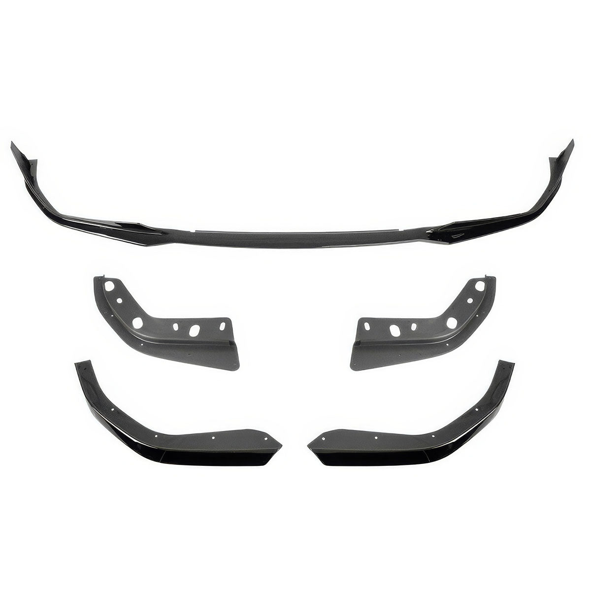 K2 Industries BMW G20 3 Series M-Tech M Sport front bumper lip spoilers, 5-piece set in black, designed for 2019-2022 models.