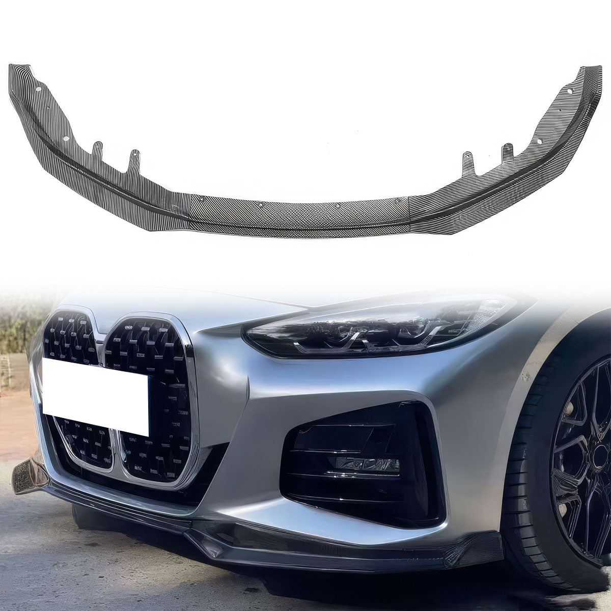 BMW G22 G23 4-Series M440i front bumper lip in black polypropylene, designed for 2021-2024 models by K2 Industries.