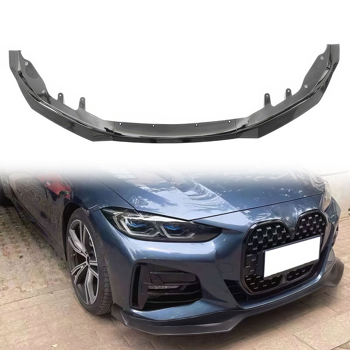 BMW G22 G23 4-Series M440i front bumper lip in black, made of durable PP, designed for 2021-2024 models by K2 Industries.