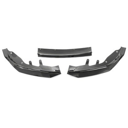 Black polypropylene front bumper lip for BMW G22 G23 4-Series M440i, designed for enhanced aerodynamics and sporty appearance.