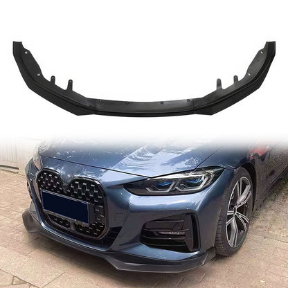 Black BMW G22 G23 4-Series M440i front bumper lip by K2 Industries, made of durable PP, shown installed on the vehicle.