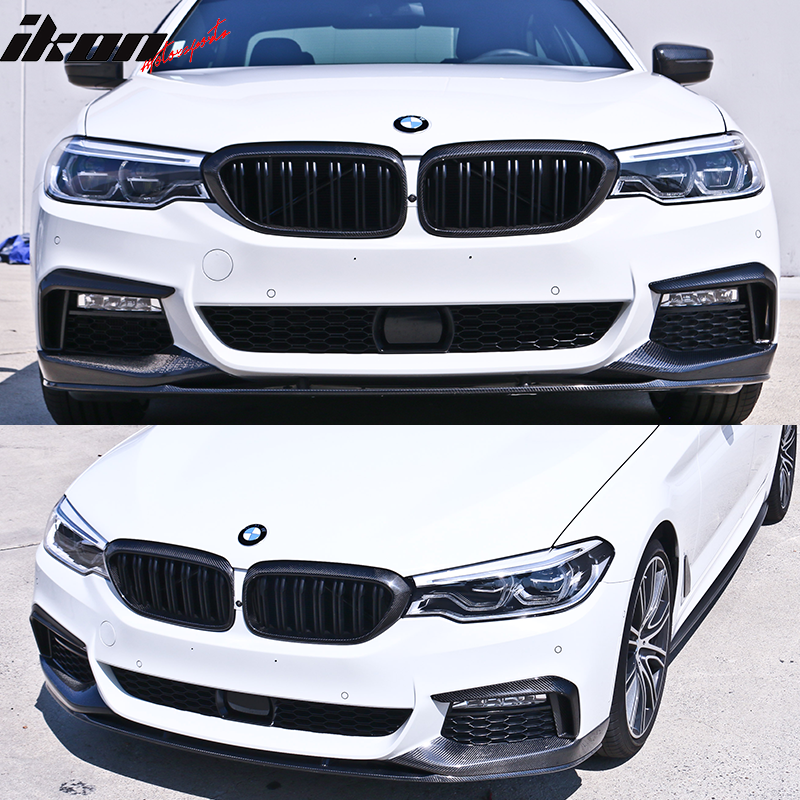 BMW G30 M-Tech M Sport front bumper lip spoiler set in carbon fiber, featuring three pieces with a sleek design for 2017-2020 models.