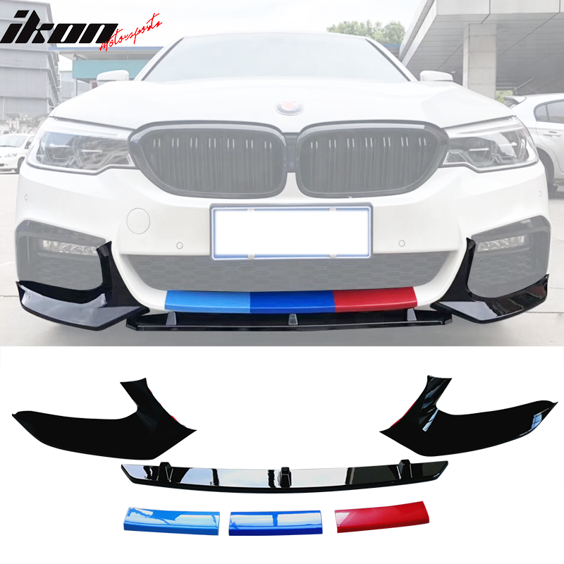 BMW G30 M-Tech M Sport gloss black front lip splitter, aftermarket spoiler by K2 Industries, installed on 2017-2020 vehicle.