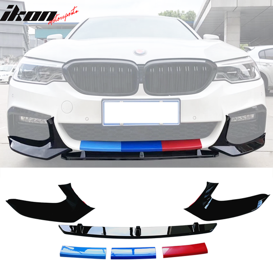 BMW G30 M-Tech M Sport gloss black front lip splitter, aftermarket spoiler by K2 Industries, installed on 2017-2020 vehicle.